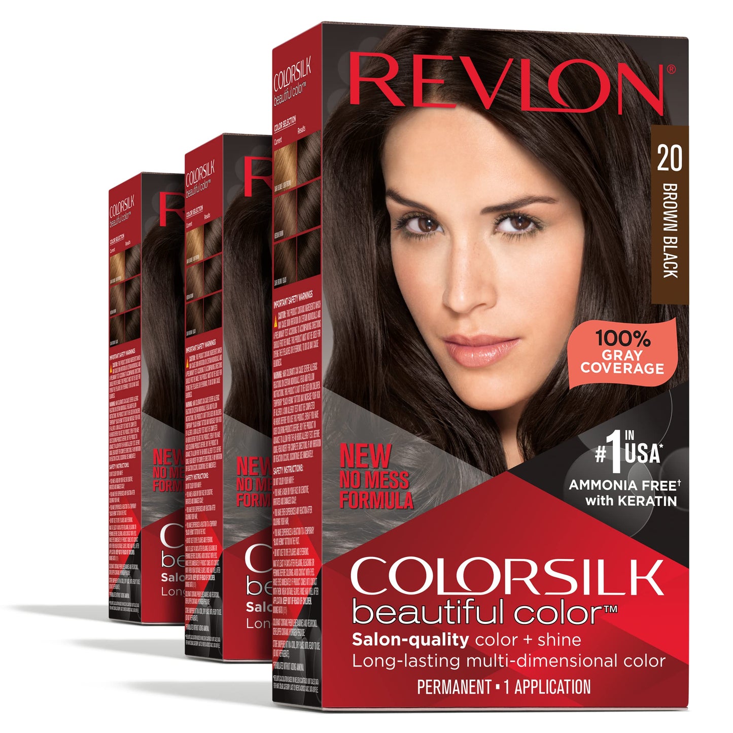 Revlon Permanent Hair Color, Permanent Hair Dye, Colorsilk with 100% Gray Coverage, Ammonia-Free, Keratin and Amino Acids, 20 Brown Black, 4.4 Oz