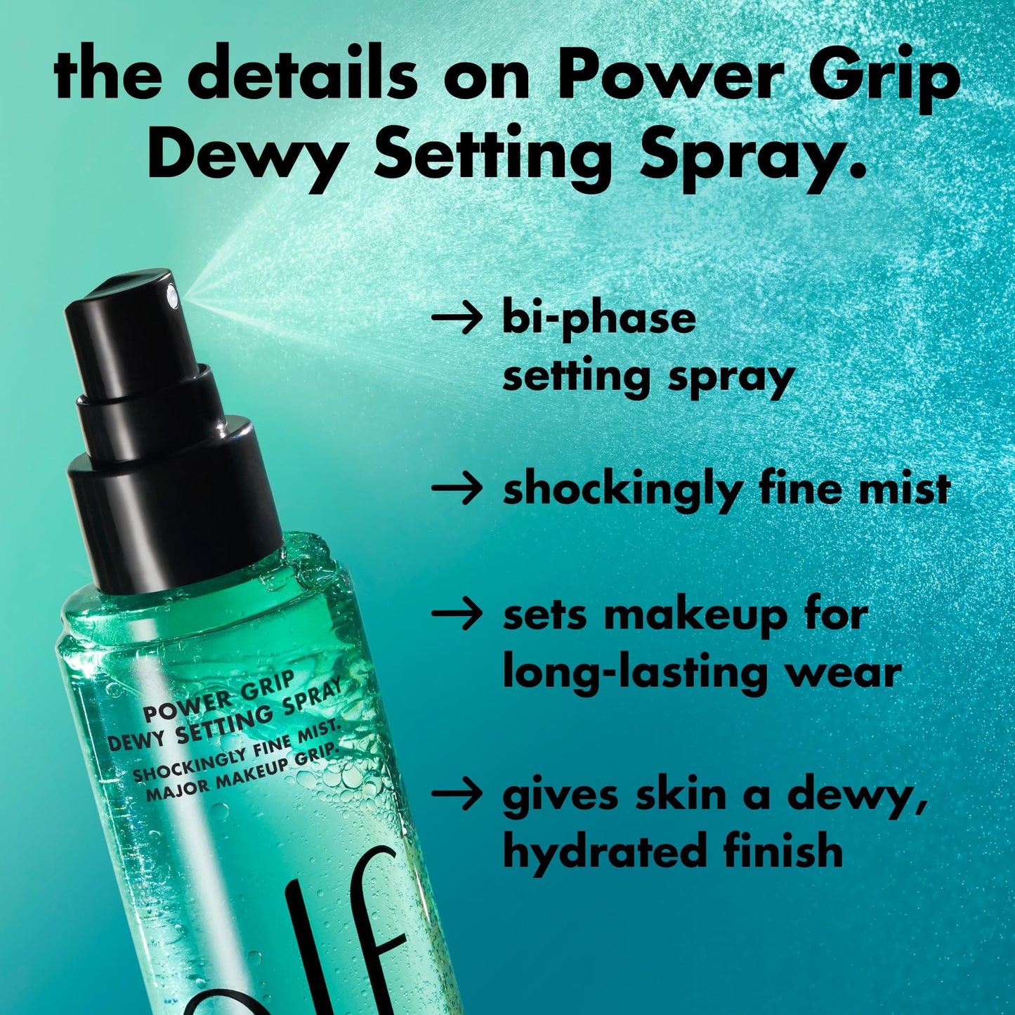 e.l.f. Power Grip Dewy Setting Spray, Ultra Fine Mist Made With Hyaluronic Acid, Grips Makeup For A Hydrated-Looking, Dewy Finish, Vegan