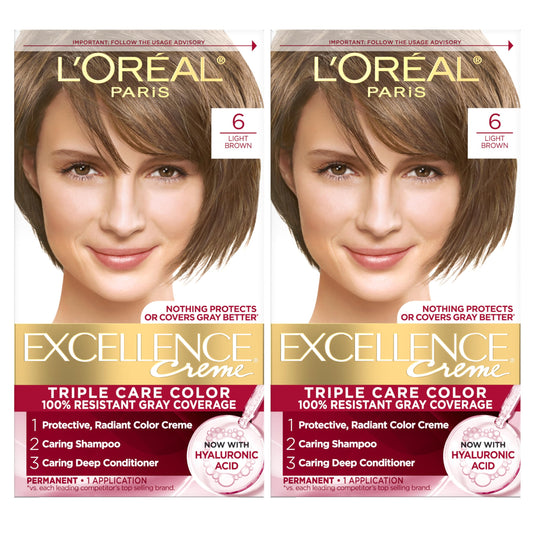 L'Oreal Paris Excellence Crème Permanent Hair Dye, Triple Care Hair Color with Hyaluronic Acid for 100% Gray Coverage, 6 Light Brown, 1 Kit (Pack