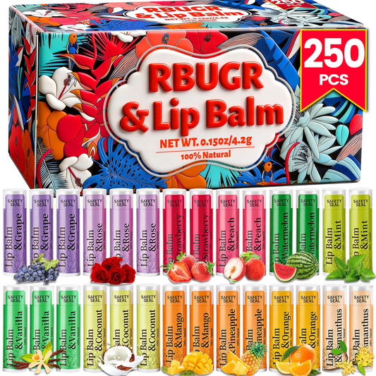 RBUGR 250 Pcs Lip Balm Bulk,12 Fruit Flavored Natural Bulk Lip Balm, Lip Balms Pack with Vitamin E, Lip Balms Gift Set Women Stocking Stuffers Party Beauty and Personal Care RBUGR