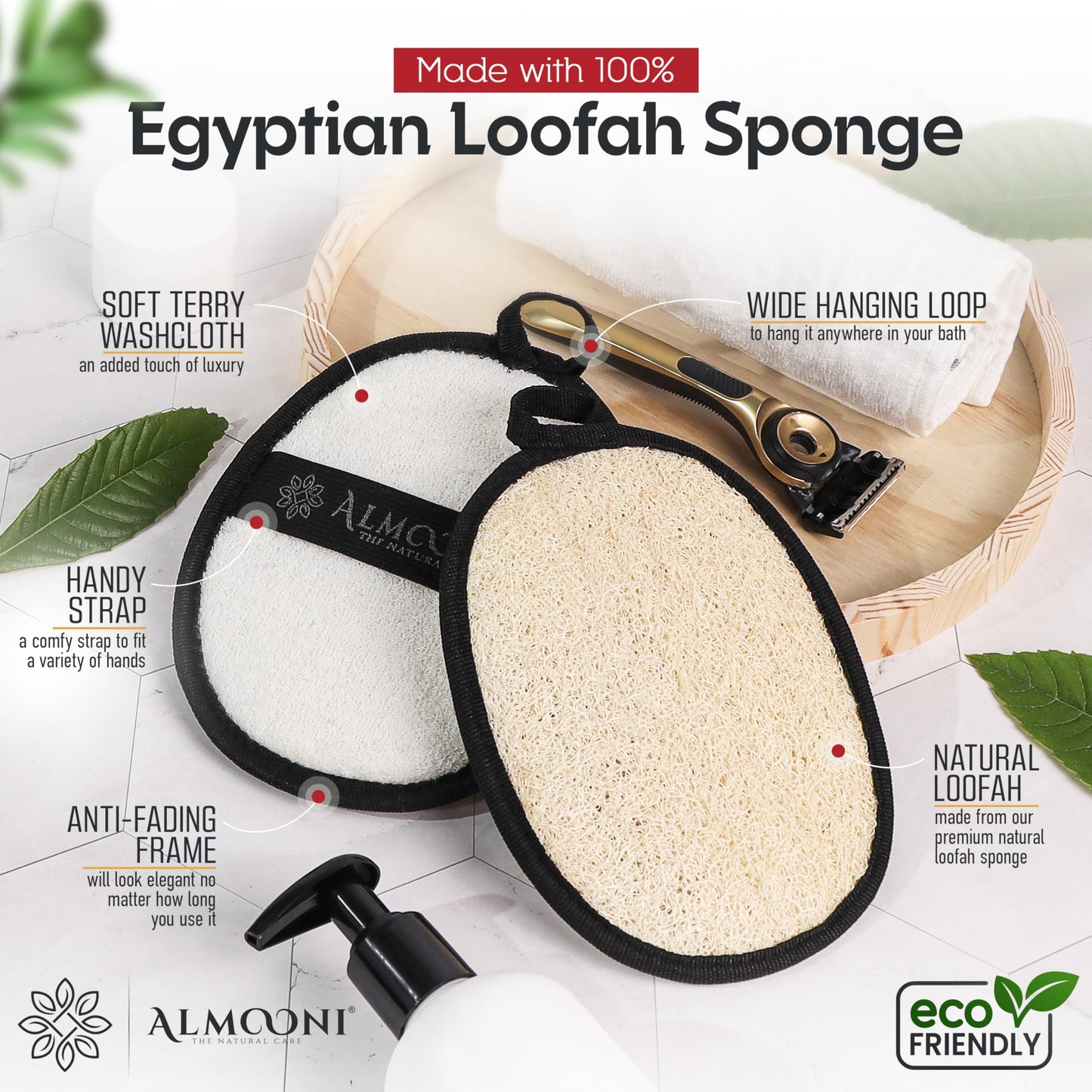 Almooni Natural Exfoliating Loofah for Men, Lightly Abrasive Egyptian Loofah Body Scrubber for Men, Dual-Sided with Cotton Back, Hand Strap, Black Beauty and Personal Care ALMOONI