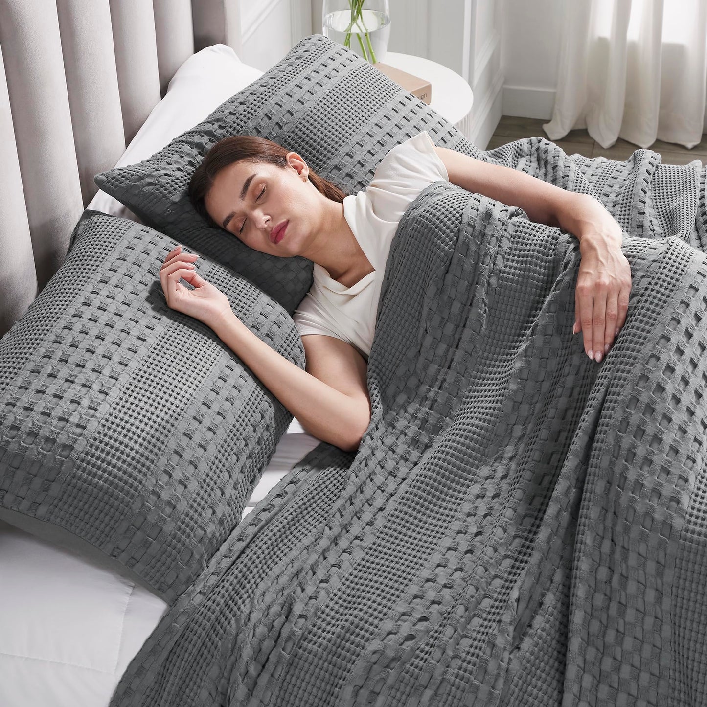 VHC Brands 100% Cotton Waffle Weave Dark Gray Queen Size Sham Set of 2 20x30, Decorative Throw Pillow Covers/Shams, Boho Farmhouse Bedroom Decor