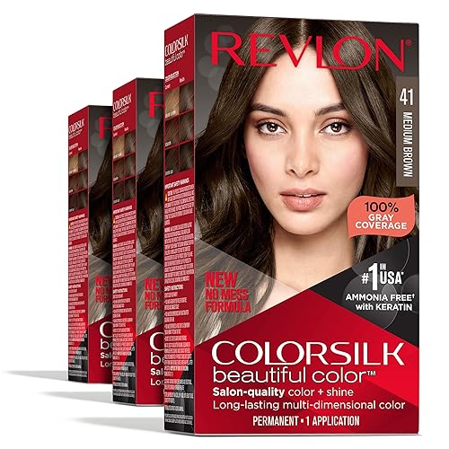 Revlon Permanent Hair Color, Permanent Hair Dye, Colorsilk with 100% Gray Coverage, Ammonia-Free, Keratin and Amino Acids, 41 Medium Brown, 4.4 Oz