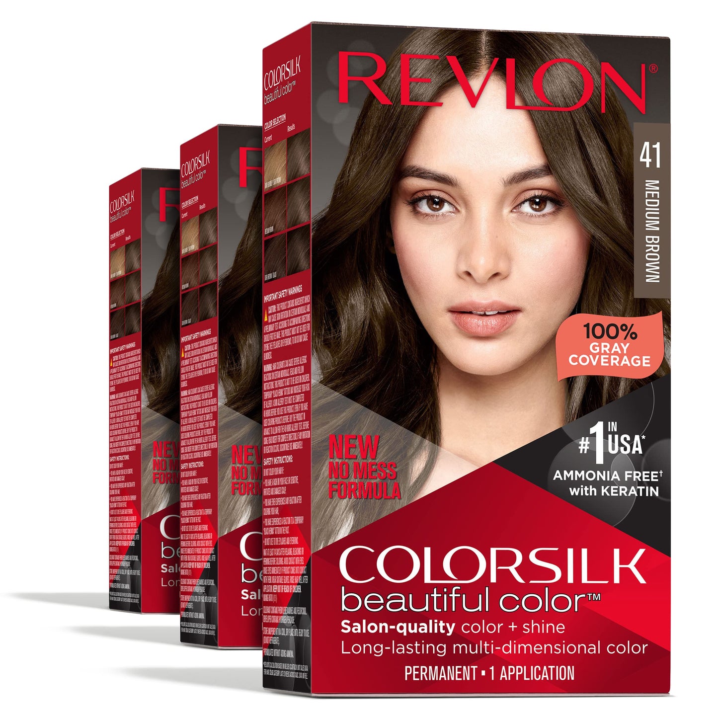 Revlon Permanent Hair Color, Permanent Hair Dye, Colorsilk with 100% Gray Coverage, Ammonia-Free, Keratin and Amino Acids, 41 Medium Brown, 4.4 Oz