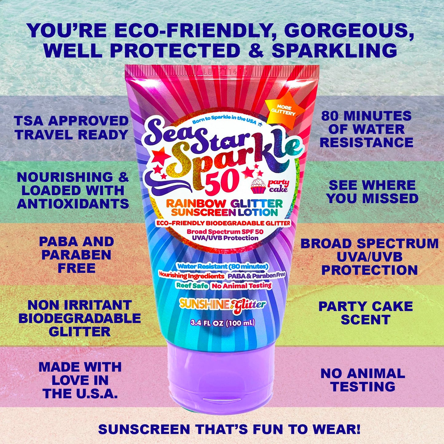 Seastar Sparkle - Rainbow Party Cake Scented Glitter Sunscreen - SPF 50 - Biodegradable Sunscreen, Kids, Water Resistant, Glitter lotion, Cruelty