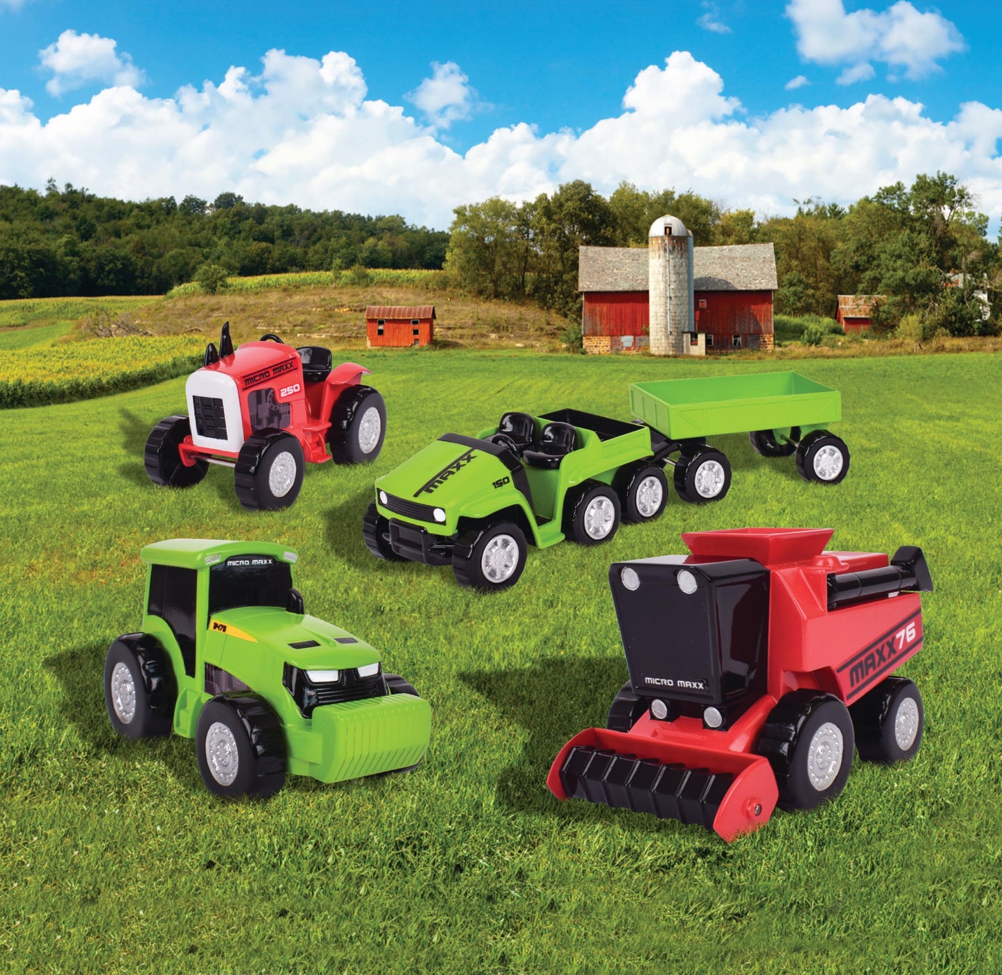 Maxx Action Farm Construction 5pk Toy Truck Set, Includes Wagon, 6x6, Modern Tractor, Combine and Vintage Tractor Vehicles with Moving Parts, Cake…