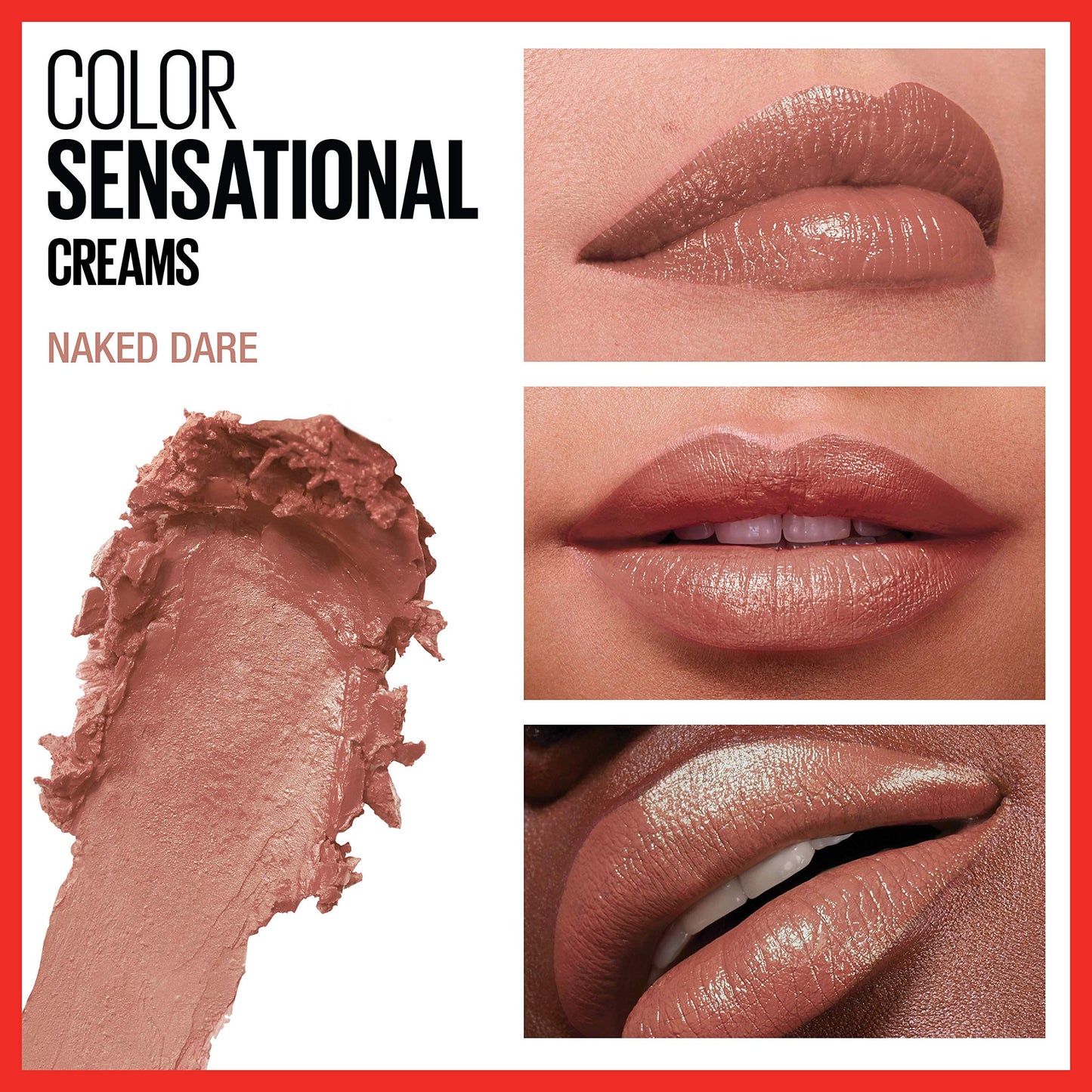 Maybelline Color Sensational Lipstick, Lip Makeup, Cream Finish, Hydrating Lipstick, Nude, Pink, Red, Plum Lip Color, Naked Dare, 0.15 oz; (Packaging