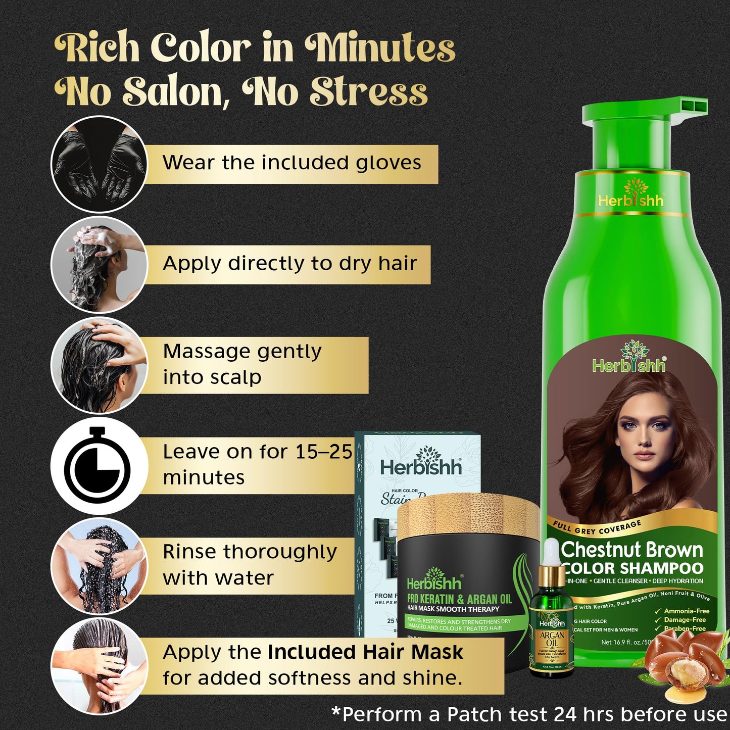 Herbishh Hair Color Shampoo for Gray Hair - Natural Hair Dye Shampoo - Lasts Up To 3-4 Weeks - 500ML - 3-In-1 Hair Color - Colors, Cleanses