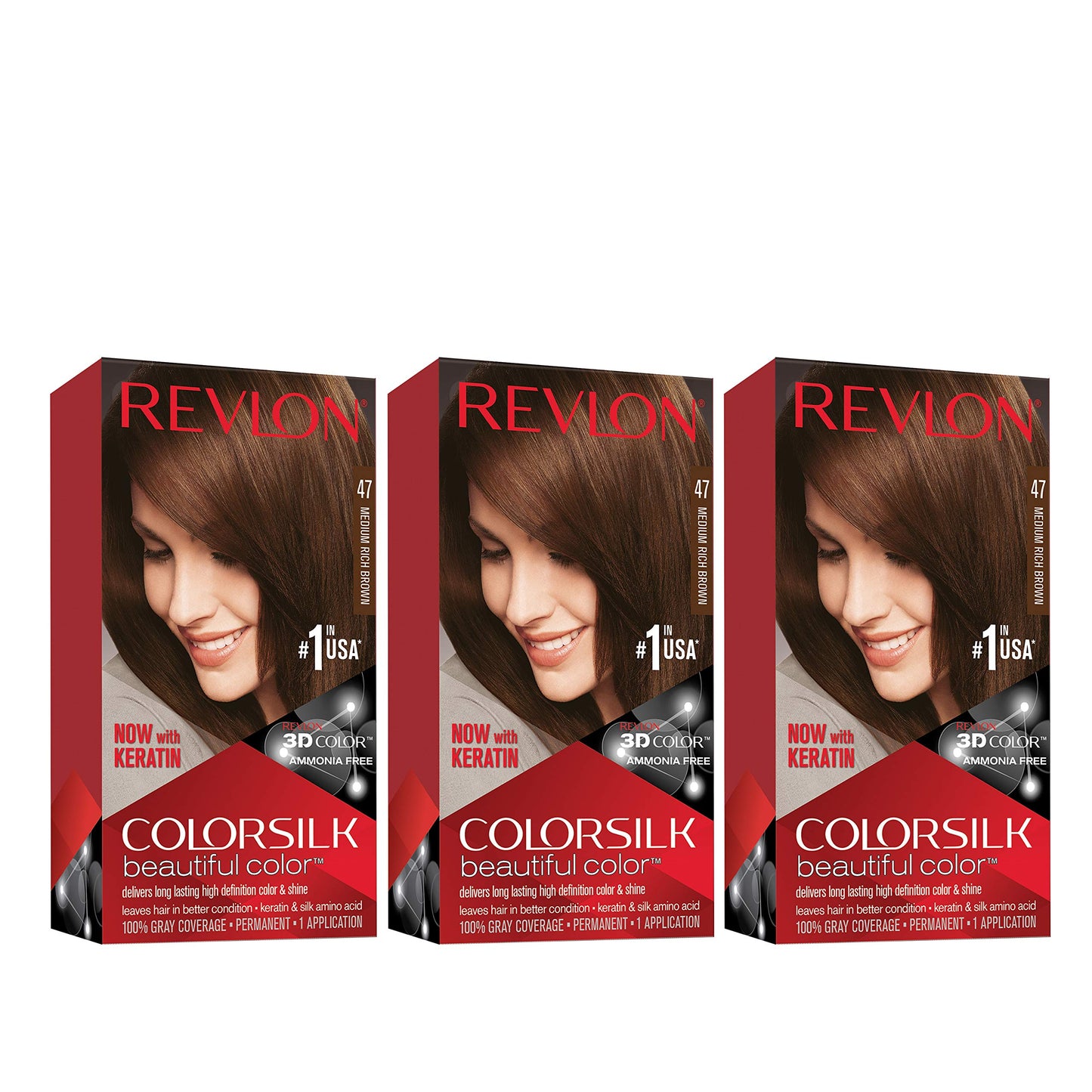Revlon Permanent Hair Color, Permanent Hair Dye, Colorsilk with 100% Gray Coverage, Ammonia-Free, Keratin and Amino Acids, 47 Medium Rich Brown, 4.4
