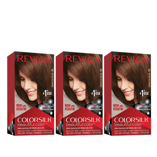 Revlon Permanent Hair Color, Permanent Hair Dye, Colorsilk with 100% Gray Coverage, Ammonia-Free, Keratin and Amino Acids, 47 Medium Rich Brown, 4.4 Beauty & Personal Care REVLON