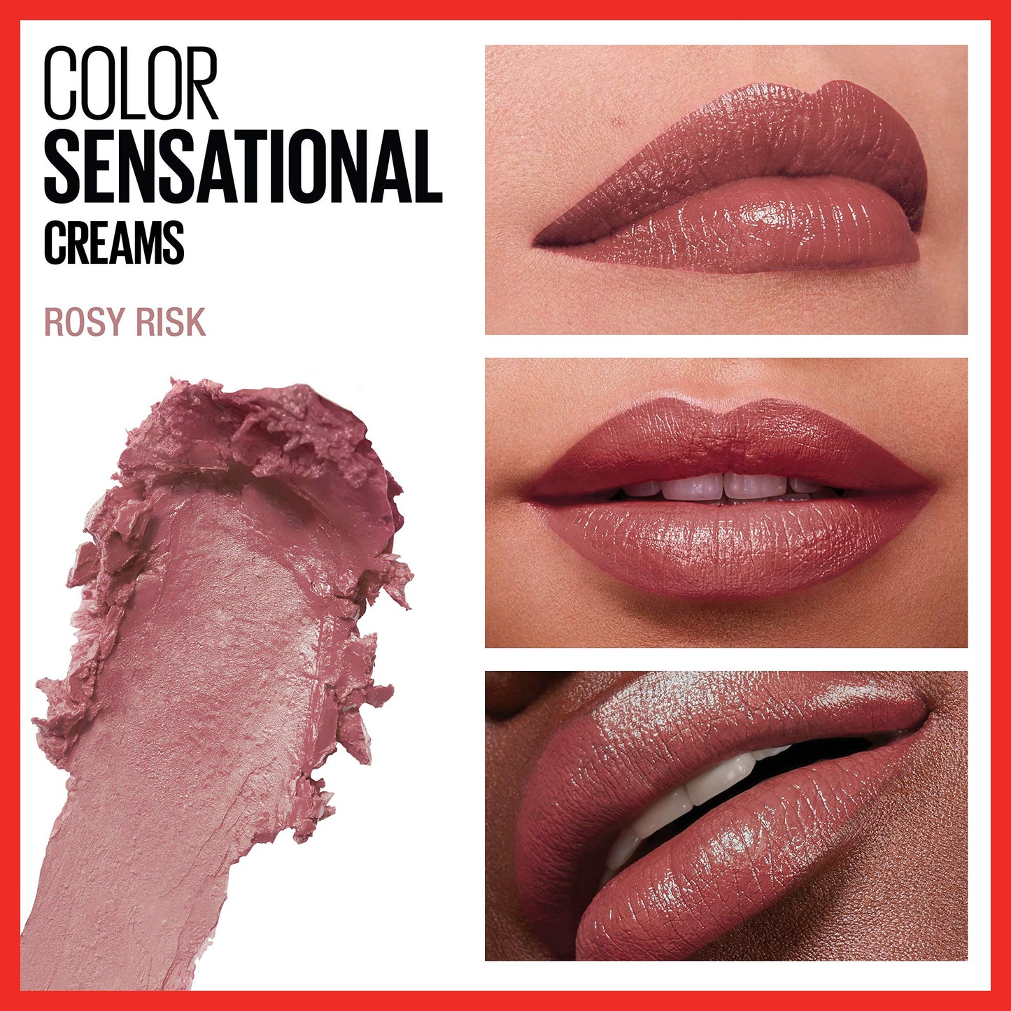 Maybelline Color Sensational Lipstick, Lip Makeup, Cream Finish, Hydrating Lipstick, Nude, Pink, Red, Plum Lip Color, Rosy Risk, 0.15 oz; (Packaging
