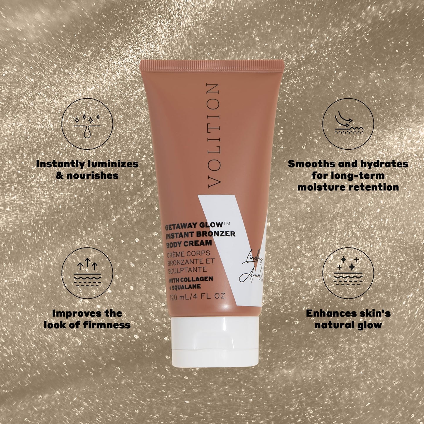 Volition Beauty Getaway Glow Instant Bronzer Sculpting Body Cream with Vegan Collagen + Squalane | Instant Shimmer & Luminizing Effect | Visibly