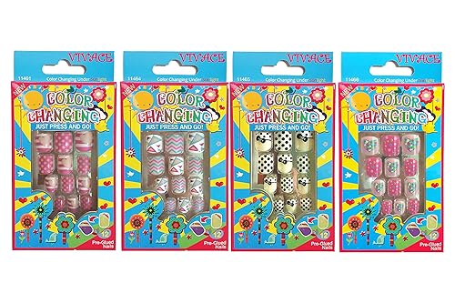 Vivace 4Pack 48Tips Color Changing Under Sun Fake Nails, Artificial Preglued Junior Sticker Nails 11461 etc (Sun 1)