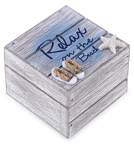 CoTa Global Aqua Sky Relax Wooden Box - Small Handcrafted Nautical Trinket with Sandals and Starfish Decoration, Accent Tabletop Home Decor, Beach…