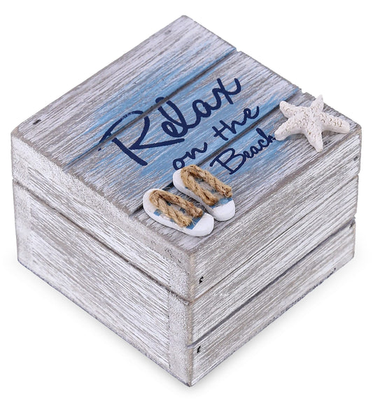 CoTa Global Aqua Sky Relax Wooden Box - Small Handcrafted Nautical Trinket with Sandals and Starfish Decoration, Accent Tabletop Home Decor, Beach…