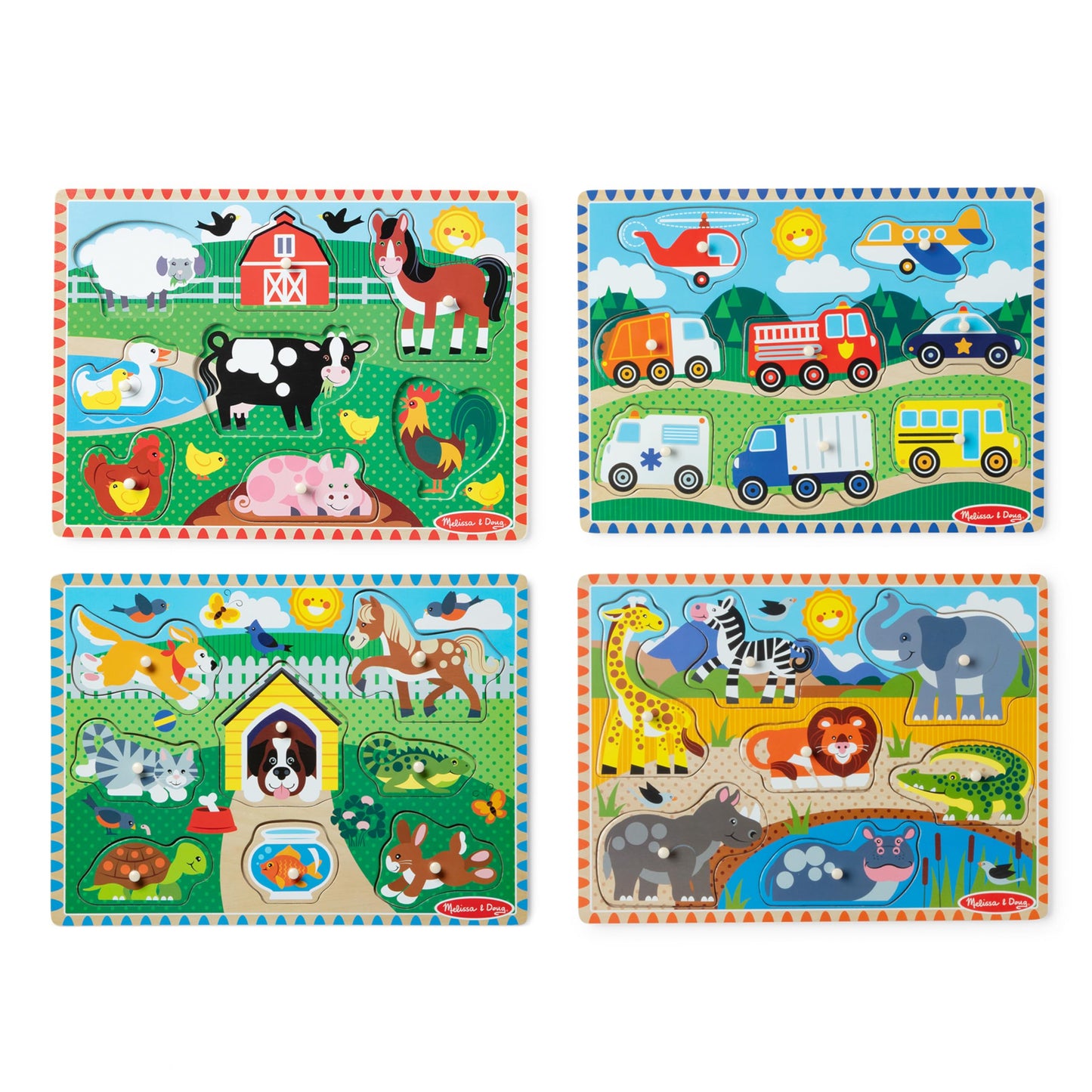 Melissa & Doug 4 Pack Wooden Peg Puzzle Set – Vehicle, Farm, Safari & Pet Animals – Educational Puzzles for Toddlers Ages 2+