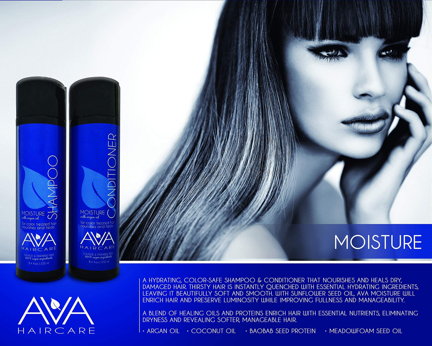 Ava Haircare - Moisture Shampoo And Conditioner - Vegan, Sulphate Free, Paraben Free, Cruelty Free (Set of 2, 8.4oz Each)
