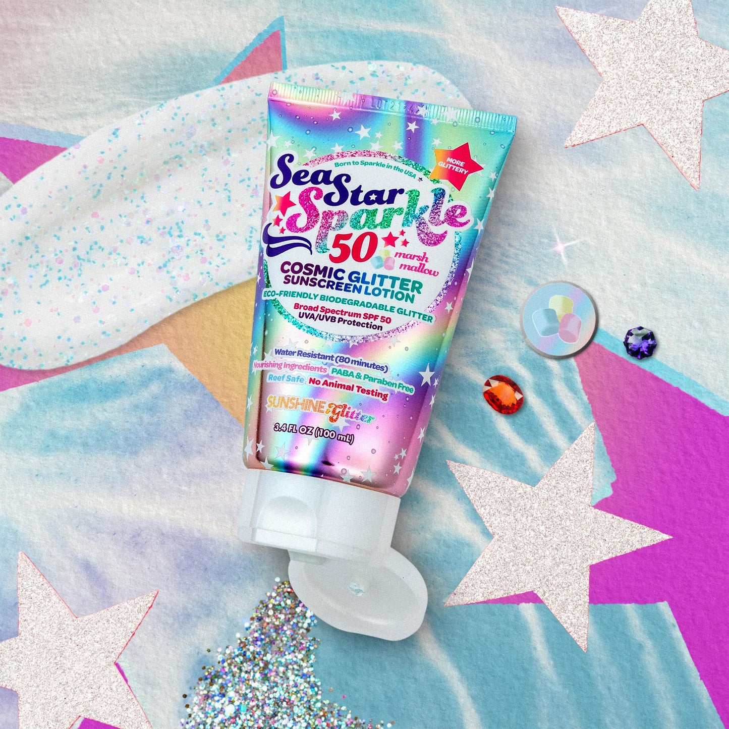 Seastar Sparkle - Cosmic Marshmallow Scented Glitter Sunscreen Lotion - SPF 50 - Biodegradable Sunscreen, Kids, Water Resistant, Glitter lotion