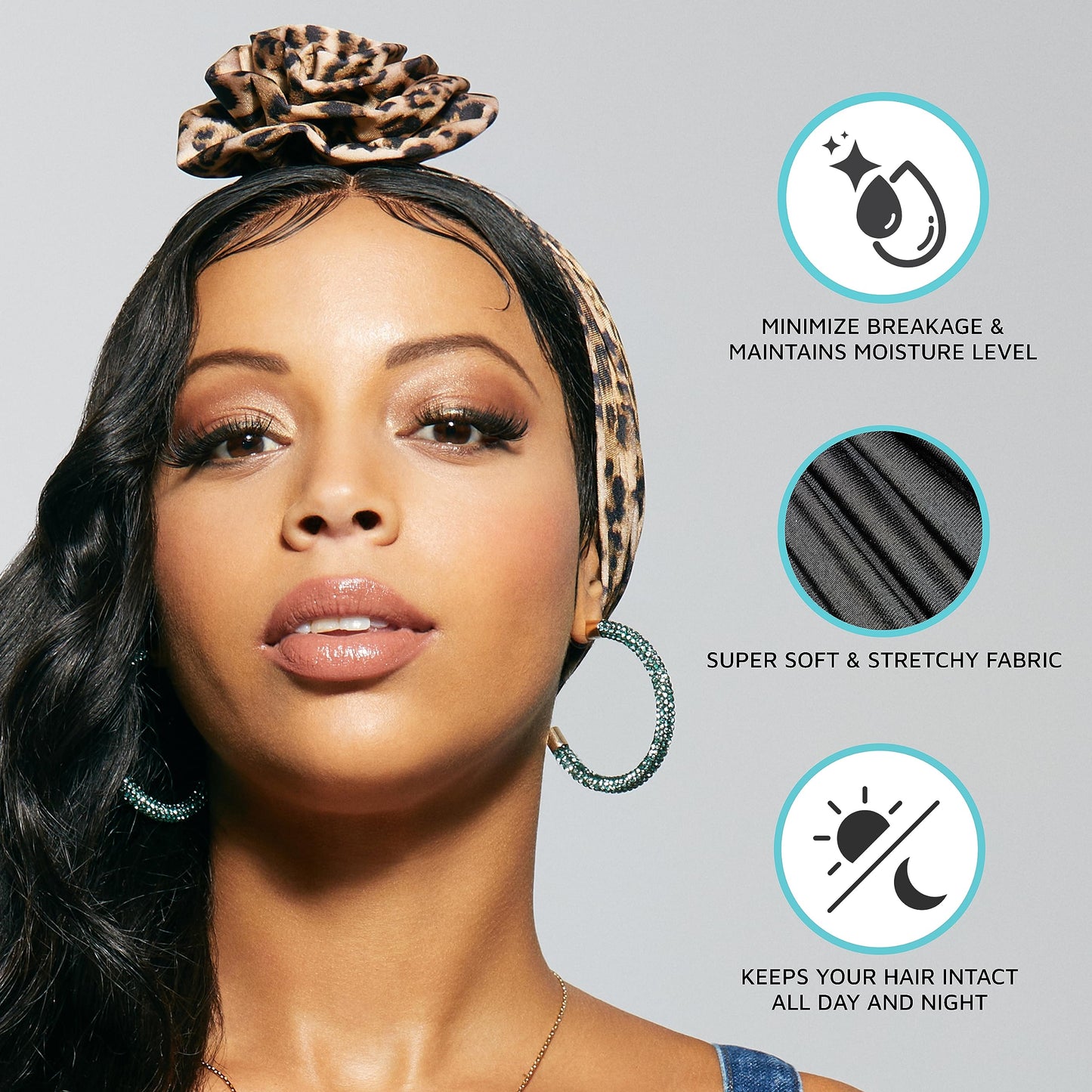 KISS COLORS & CARE Top Knot Pre-Tied Turban - Leopard - Stylish, Stretchy & Soft for Sleeping, Maximum Hair Protection, Minimizes Breakage