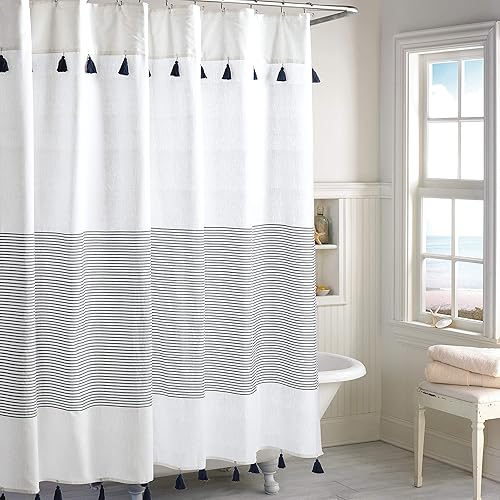 Peri Home Panama Stripe Boho Farmhouse Tassel Shower Curtain 100% Cotton Fabric Shower Curtain with Tassels for Bathroom Decor, 72 x 72 inches, Navy