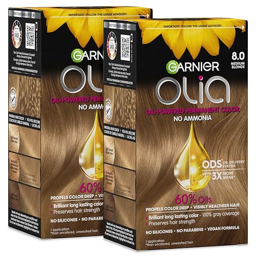 Garnier Olia Hair Color, Ammonia-Free Permanent Hair Dye, Oil-Powered Formula for 100% Gray Coverage and 3x Shinier Hair, Vegan & Cruelty Free, 8.0