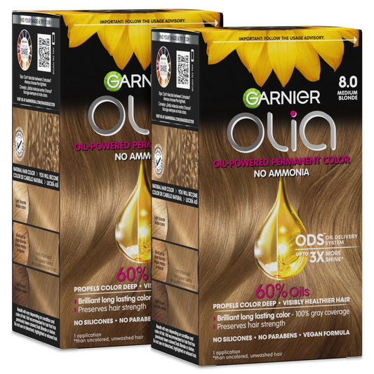 Garnier Olia Hair Color, Ammonia-Free Permanent Hair Dye, Oil-Powered Formula for 100% Gray Coverage and 3x Shinier Hair, Vegan & Cruelty Free, 8.0 Beauty & Personal Care Garnier