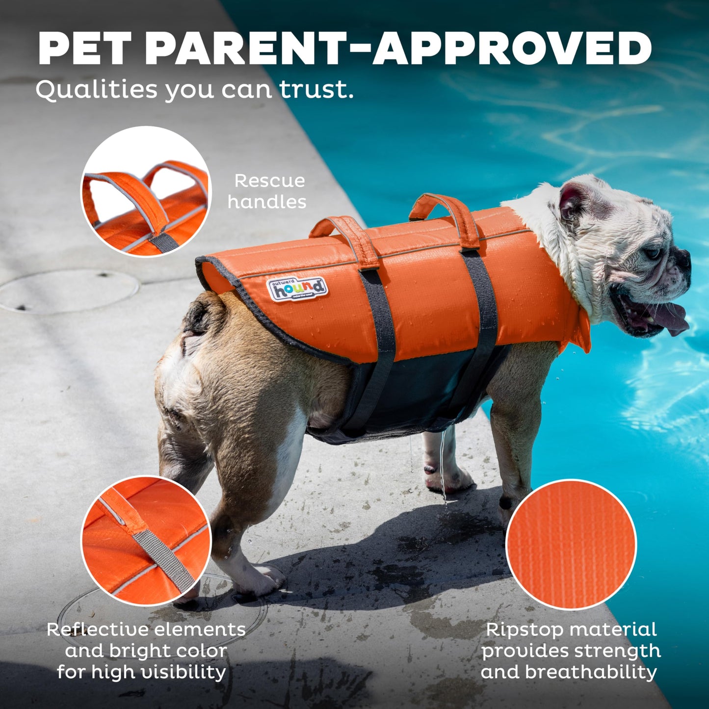 Outward Hound Granby Splash Dog Life Jacket - High Buoyancy Life Vest for Swimming & Boating, Water Safety, Large, Bright Orange