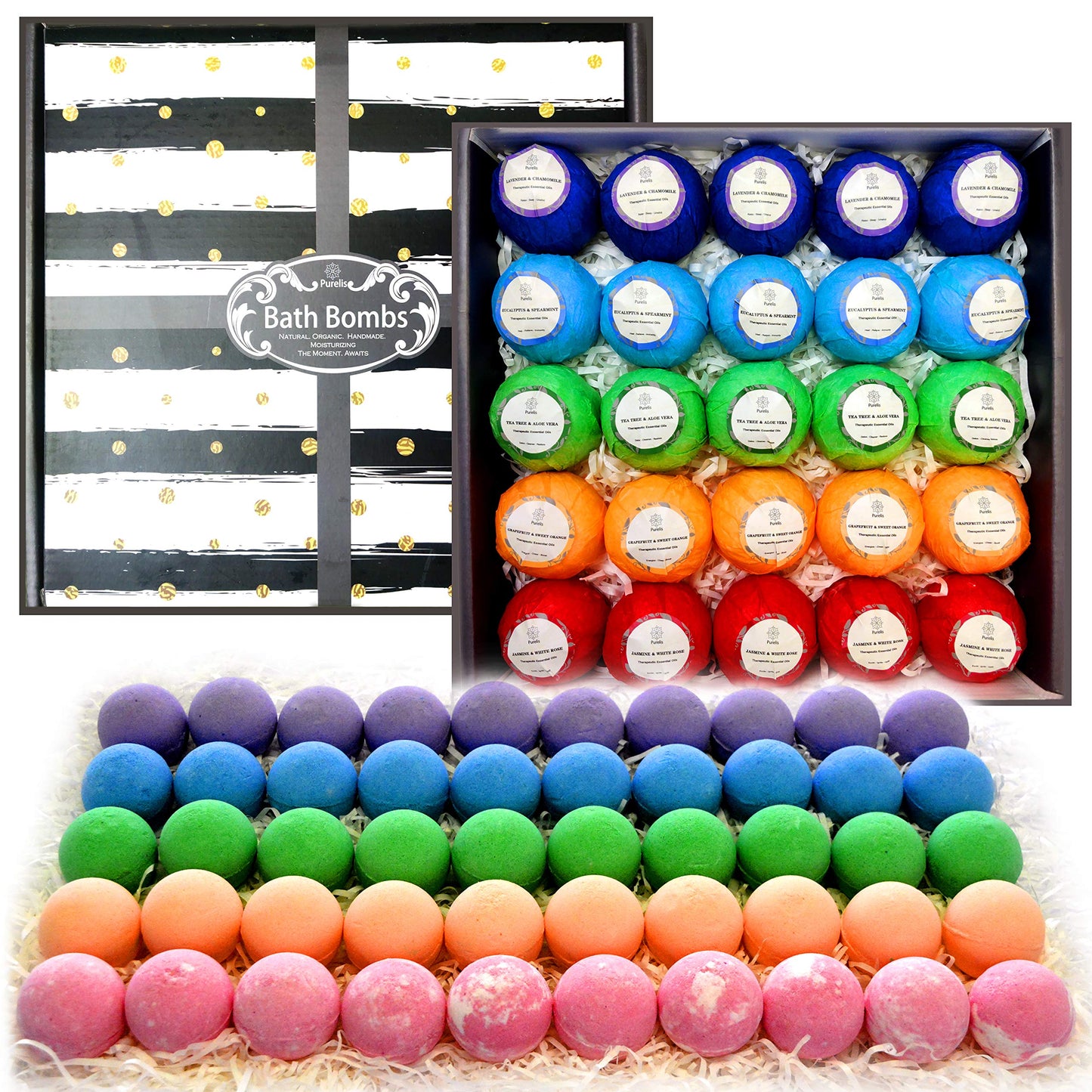 Relaxing Bath Bombs for Men & Women! 50 Wholesale Bath Bombs Individually Wrapped. Bulk Aromatherapy Essential Oil Bath Bombs for Adults Teens Kids!…