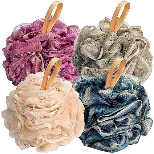 Fishent Loofah Bath Sponge Shower Loofahs, 4 Pack 50g Soft Loofa Exfoliating Body Scrubber Mesh Shower Puff Pouf Ball Luffa for Men and Women(50g/pcs)