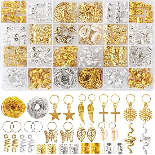 230PCS Hair Jewelry Beads?Dreadlocks Jewels for Women Braids, Gold And Silver Winding Line, Metal Hair Rings Cuffs Clips?Hair Charms Pendants Braid