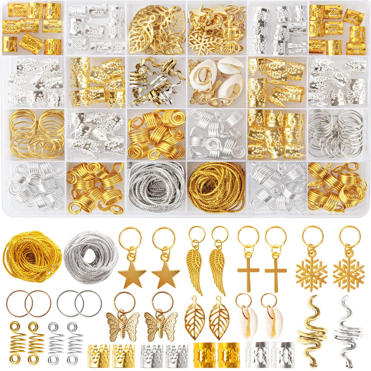 230PCS Hair Jewelry Beads?Dreadlocks Jewels for Women Braids, Gold And Silver Winding Line, Metal Hair Rings Cuffs Clips?Hair Charms Pendants Braid