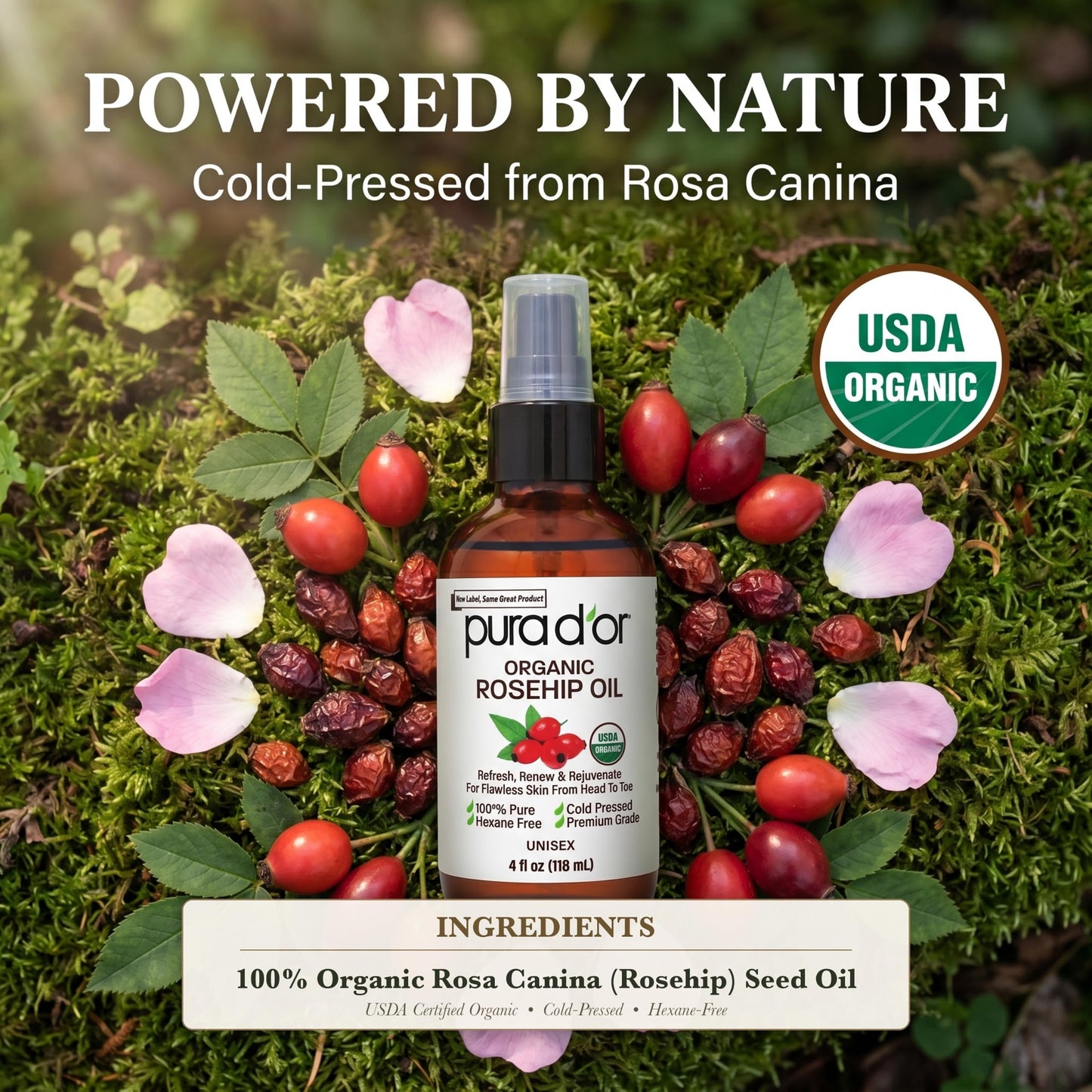 PURA D'OR ORGANIC Rosehip Seed Oil 100% Pure Cold Pressed USDA Certified For Hair, Skin, Scalp, Anti Aging Face & Body - Hexane Free Glass Bottle - 4 Beauty and Personal Care PURA D'OR