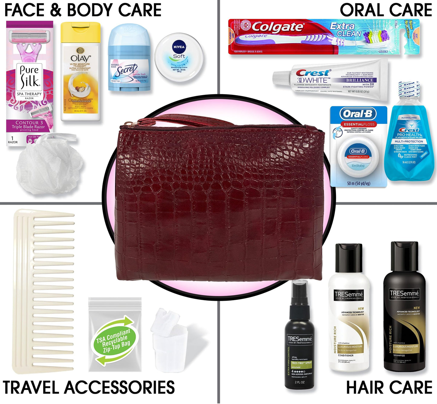 Women's Premium 16 PC Travel Kit - Stocking Stuffer and Holiday Gift Set with Tresemme Hair Products and Bath Essentials - Floss May Vary
