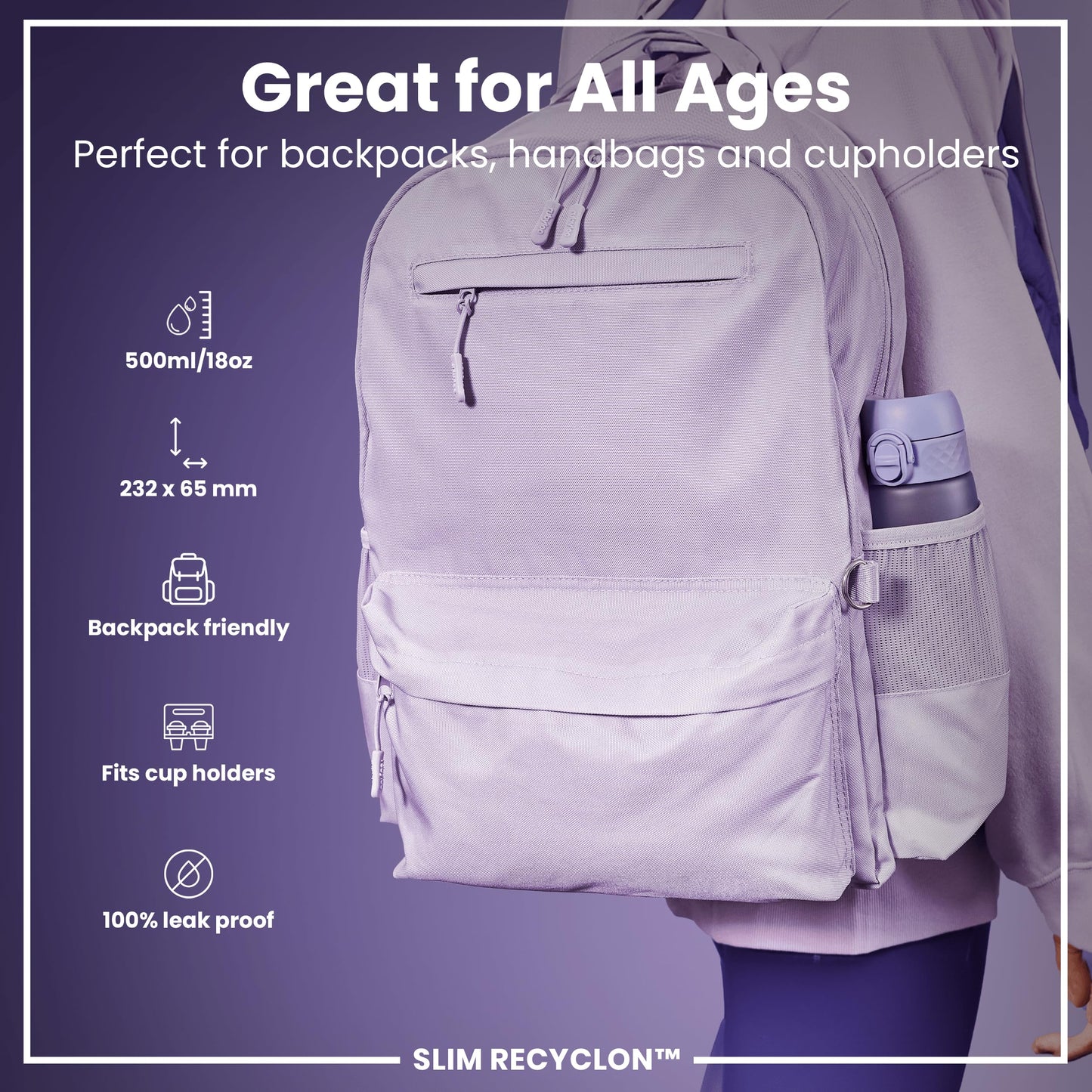 Ion8 Water Bottle, 500 ml/18 oz, Leak Proof, Easy to Open, Secure Lock, Dishwasher Safe, BPA Free, Flip Cover, Carry Handle, Fits Cup Holders, Easy