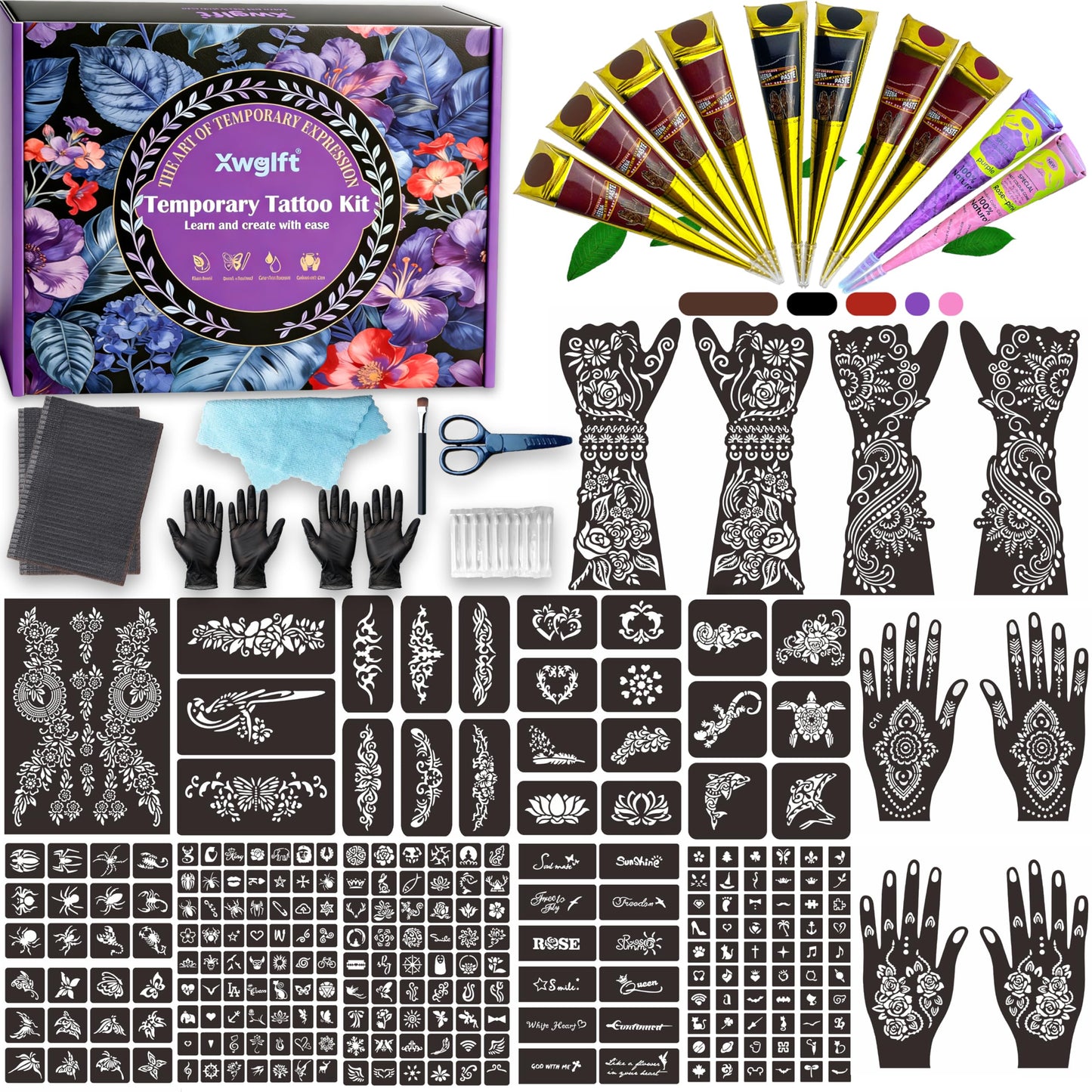 XWGLFT 245 Pcs Temporary Tattoo Stencils Kit - 10 Tattoo Cones (4 Brown, 2 Black, 2 Red, 1 Purple, 1 Rose Pink) - Waterproof DIY Body Art Set | Ideal Beauty and Personal Care XWGLFT Default Title