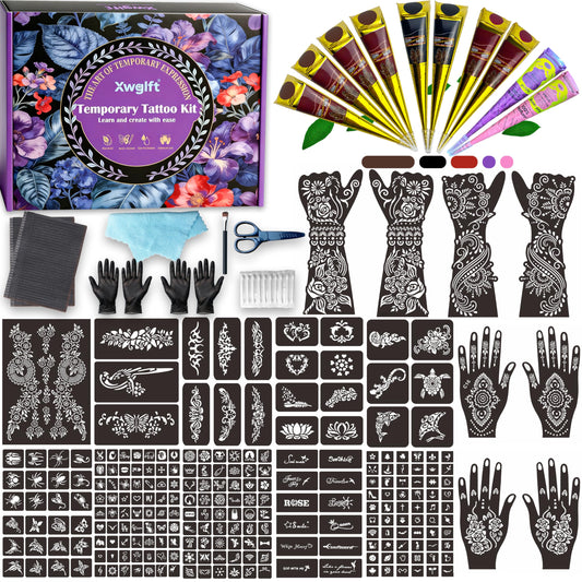 XWGLFT 245 Pcs Temporary Tattoo Stencils Kit - 10 Tattoo Cones (4 Brown, 2 Black, 2 Red, 1 Purple, 1 Rose Pink) - Waterproof DIY Body Art Set | Ideal Beauty and Personal Care XWGLFT Default Title