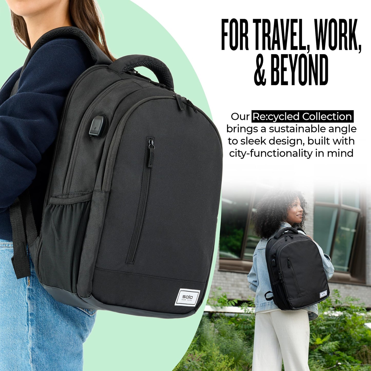 Solo New York Laptop Backpack for Women & Men -Carry On Bookbag for Travel & Work, Lightweight Bag, Side Mesh Pockets, Fits 15.6" Computer - Re:Define, Black
