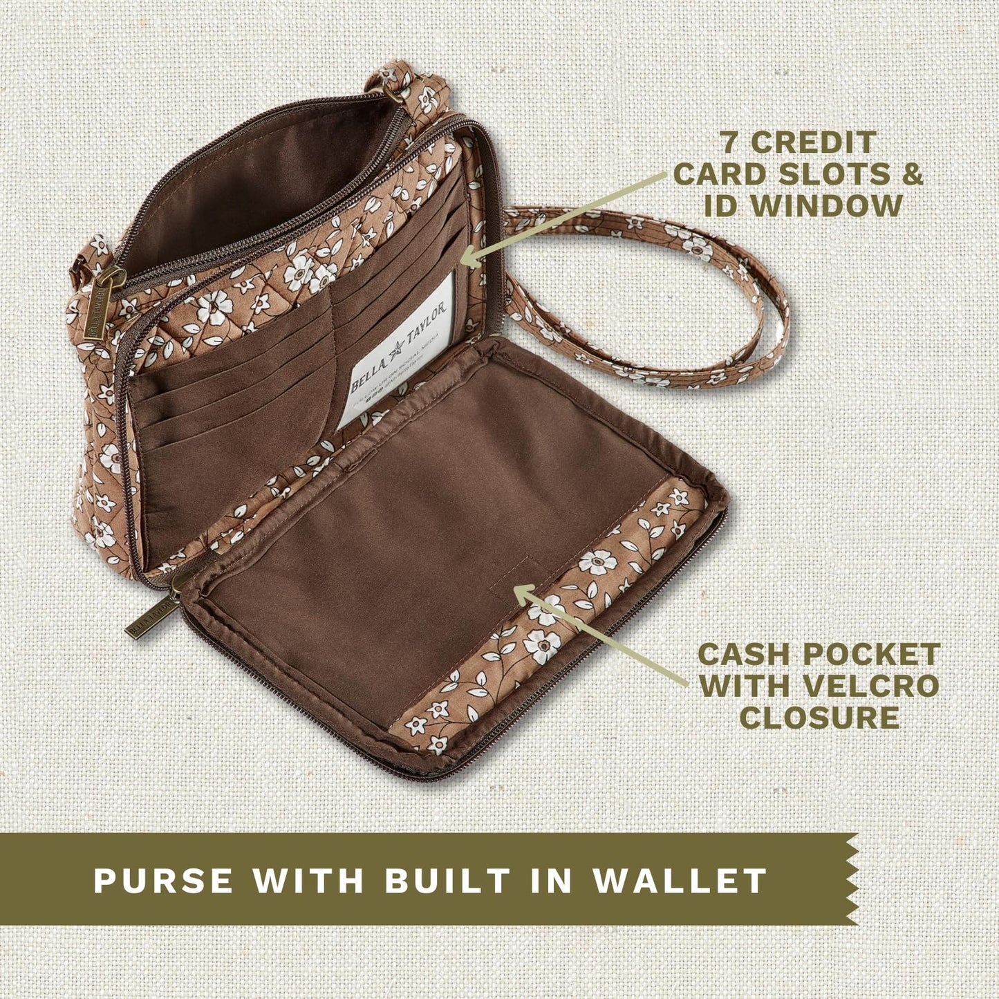 Bella Taylor Essentials Crossbody Purse with Built In Wallet, Quilted Cotton Vintage Vine Brown Floral