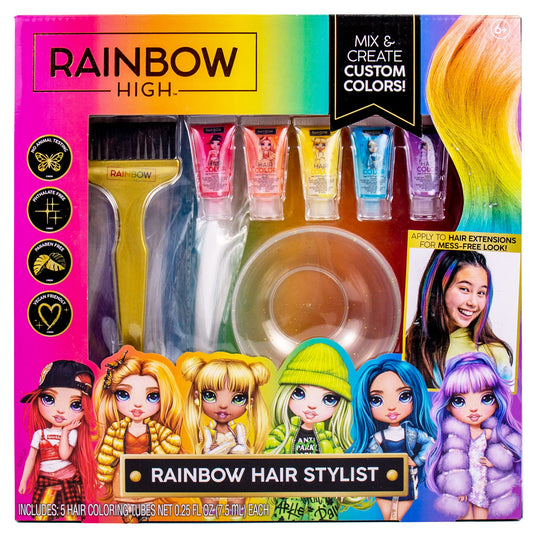 Rainbow High Rainbow Hair Stylist by Horizon Group USA, Includes 5 Vibrant Hair Coloring Gels, 3 Clip-in Extensions for Less-Mess, Mixing Bowl