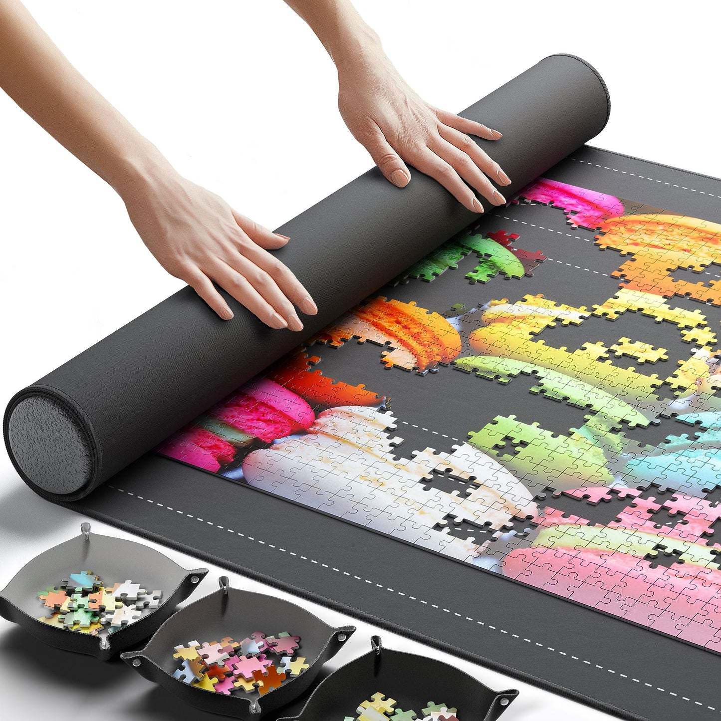 Newverest Jigsaw Puzzle Mat Roll-Up – 46"x26" Saver Pad for Up to 1500 Pieces, Non-Slip Bottom, Smooth Top, 3 Sorting Trays & Travel Bag