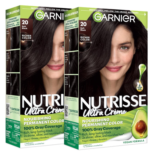 Garnier Nutrisse Ultra Crème Hair Color, Permanent Hair Dye with 100% Gray Coverage, Vegan & Cruelty-Free, 20 Soft Black (Black Tea), 2 Count Beauty & Personal Care Garnier