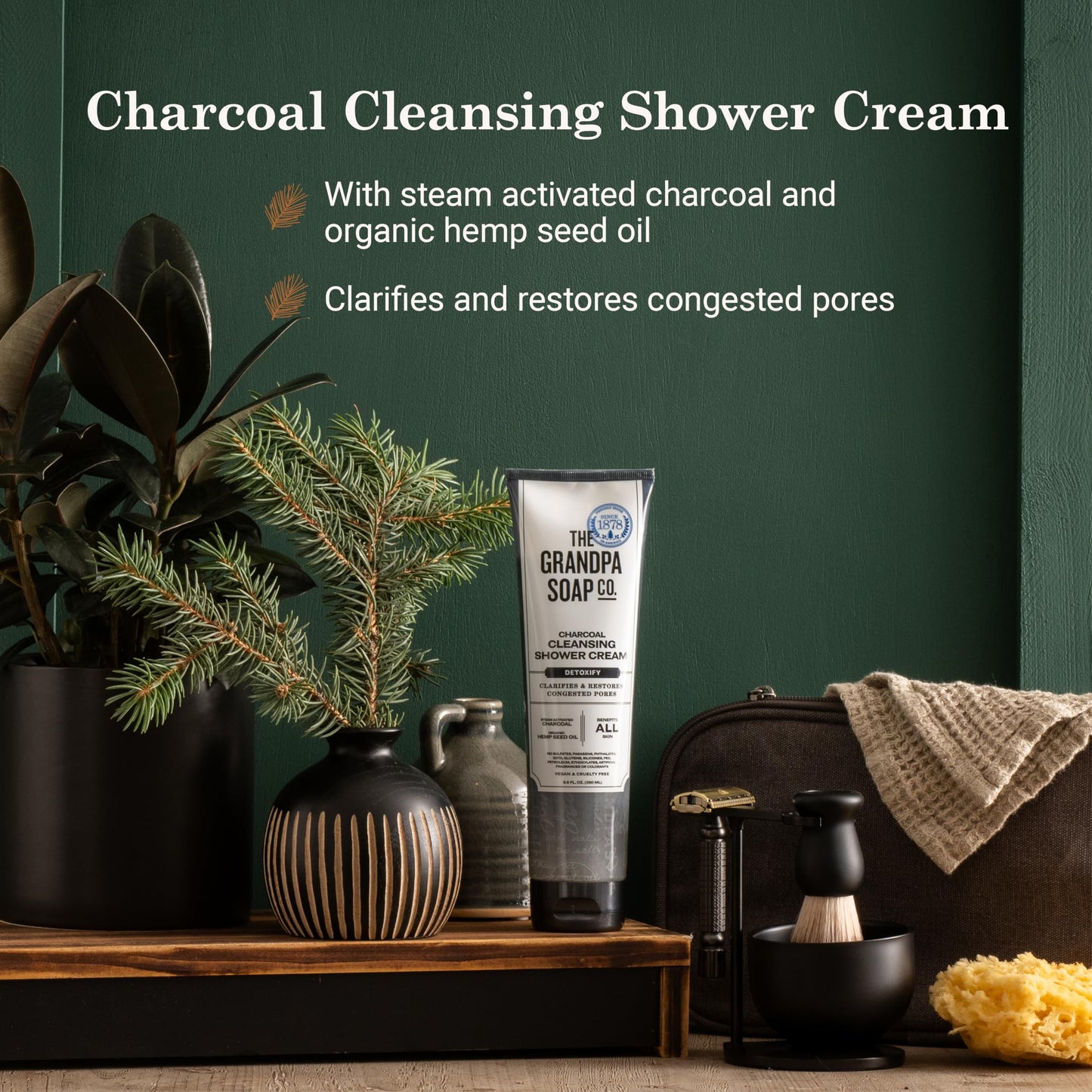 The Grandpa Soap Company Charcoal Cleansing Shower Cream - Clarifies & Restores Congested Pores, With Activated Charcoal & Hemp Seed Oil, Detoxifies
