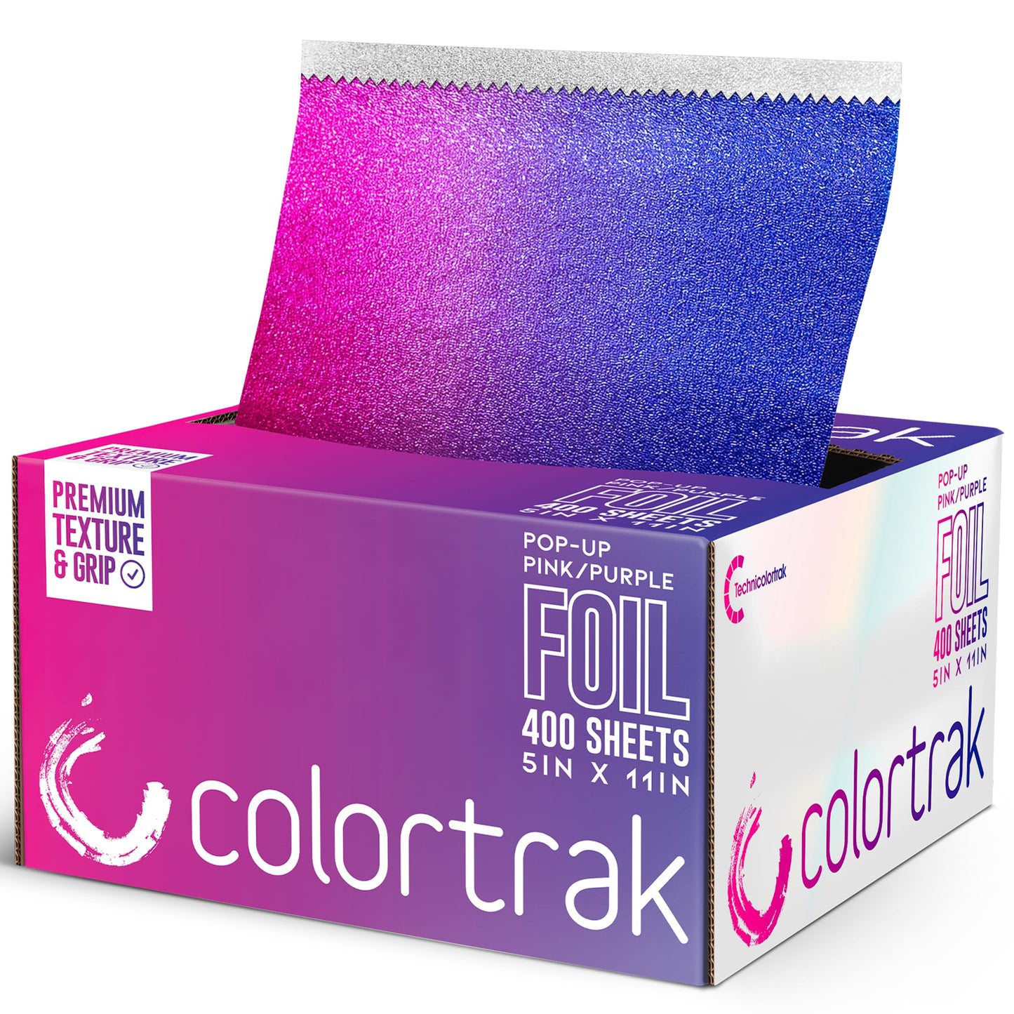 Colortrak Pink/Purple Gradient Pop-up Foil w/Dispenser (400 Count), Pre-cut Sheets, Non-Slip Embossed Texture, 5" x 10.75" Sheets for Hair Foil