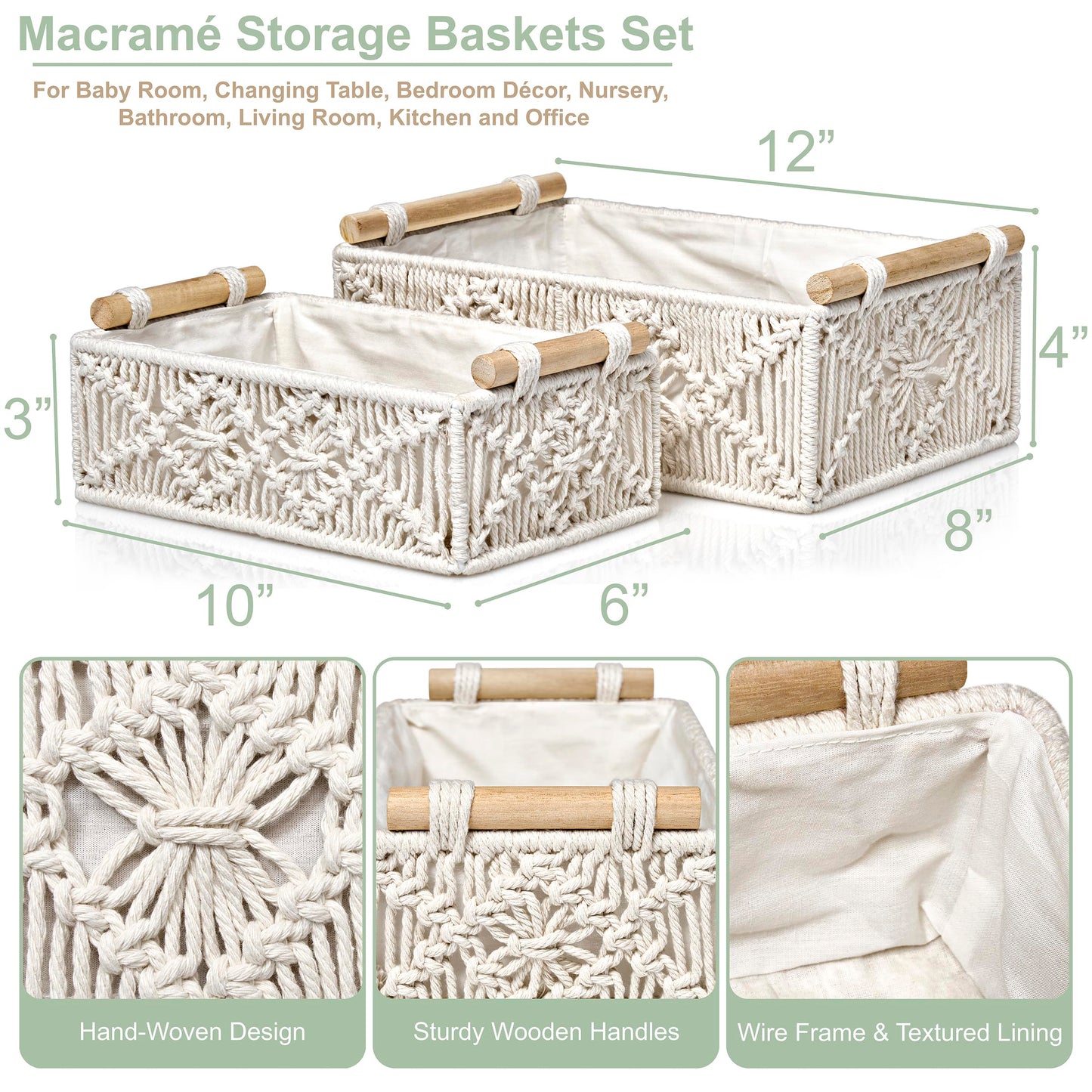 Sorbus Macrame Boho Decor Baskets - 2 Decorative Gift Baskets for Nursery, Baby Room, Toilet Tank Top - Lined Baby Basket Set for Organizing Changing…