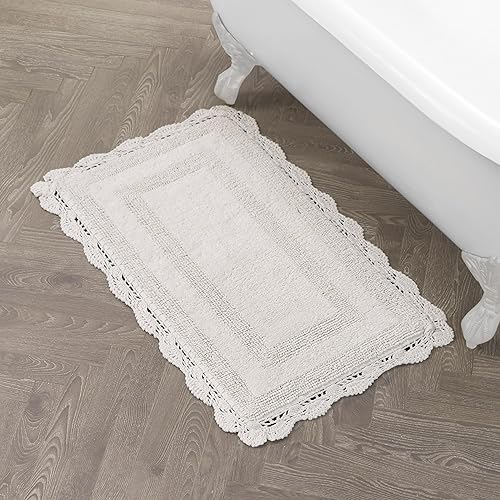 Laura Ashley Absorbent Bath Mat Reversible Crochet Soft and Plush Bathroom Mat 100% Cotton21x34 Bath Rug, Ivory