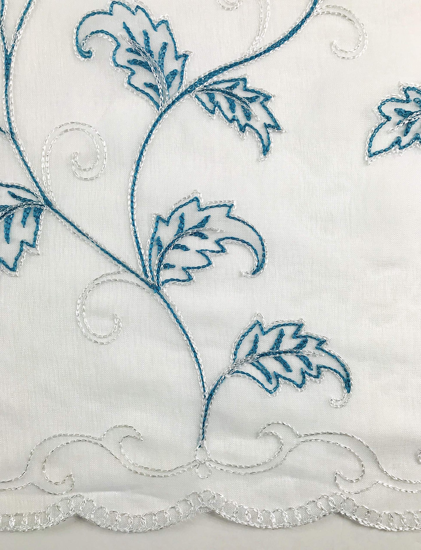 SERAFINA Decorative Sheer Fabric Shower Curtain: Two Toned Teal and White Embroidered Leaves with Metallic Threading (White/Teal) 70 x 72