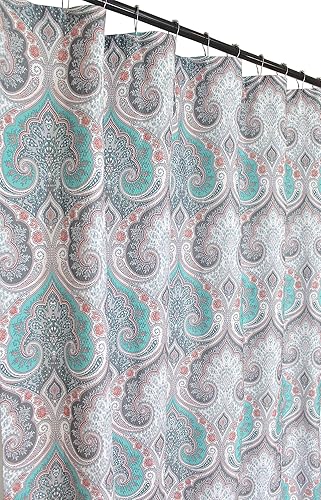 Boho Floral Damask Fabric Shower Curtain for Bathroom: Teal Pink Grey