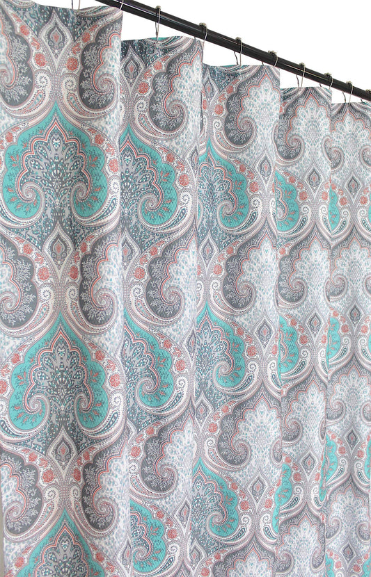Boho Floral Damask Fabric Shower Curtain for Bathroom: Teal Pink Grey