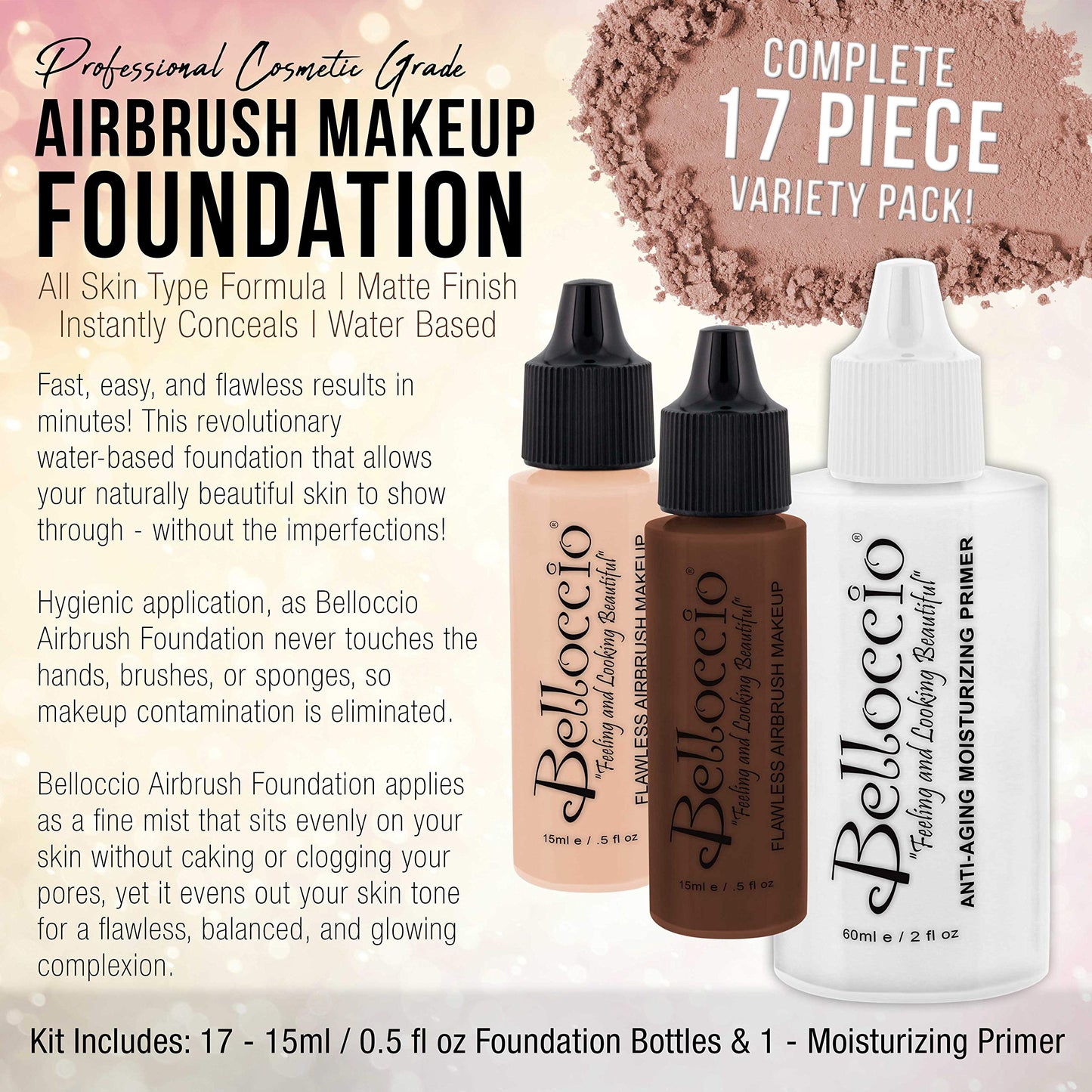 Belloccio Master Set Of All 17 Foundation Shades of Belloccio's Professional Cosmetic Airbrush Makeup, 1/2 oz. Bottles plus a 2 oz. Moisturizing