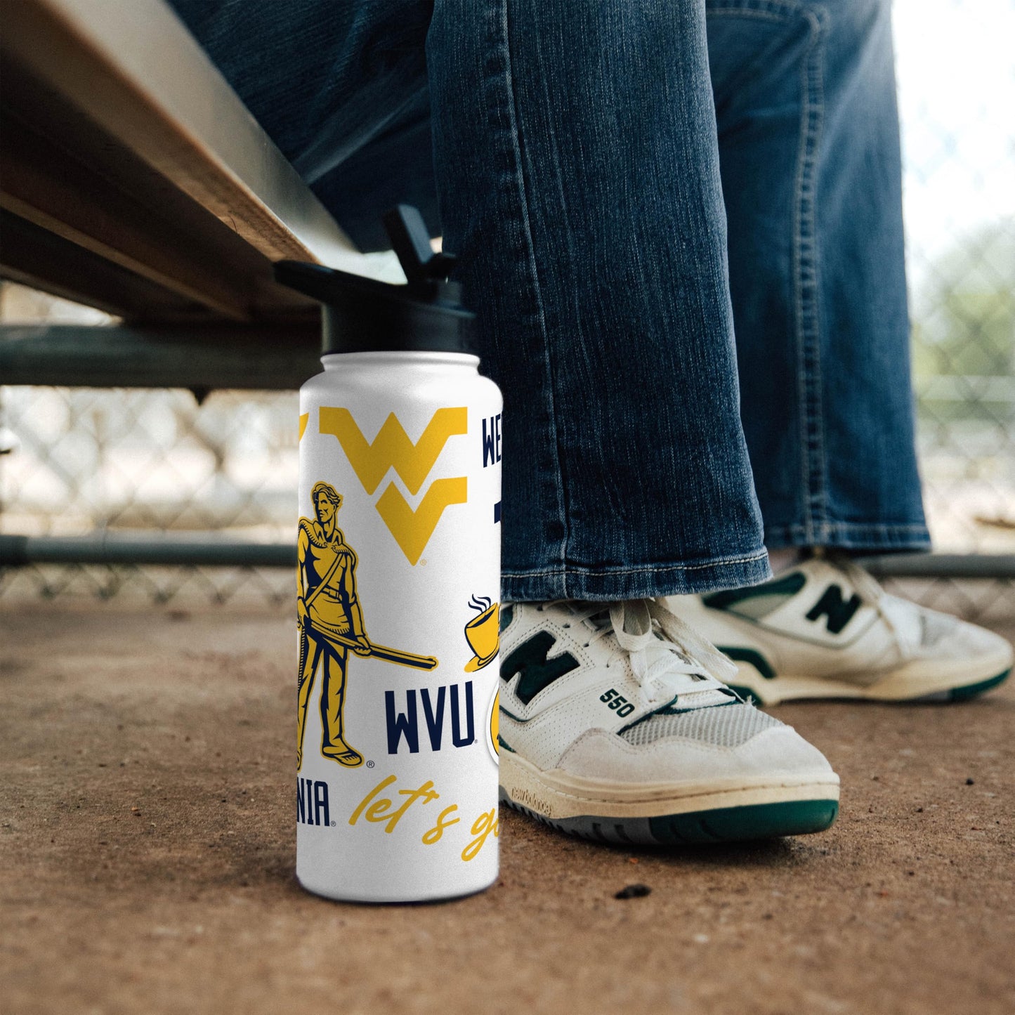 Logo Brands NCAA West Virginia Mountaineers 34oz Native Quencher Bottle - Double-Wall Insulated, Stainless Steel, No-Spill Lid, Easy Carry Handle